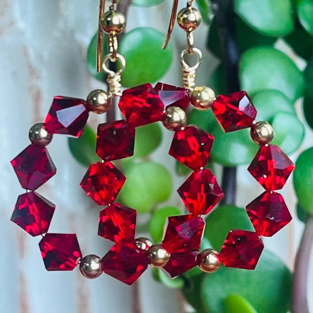 Swarovski Crystal Dangle Earrings| Red Crystal Hoop Earrings - Picture 5 of 9